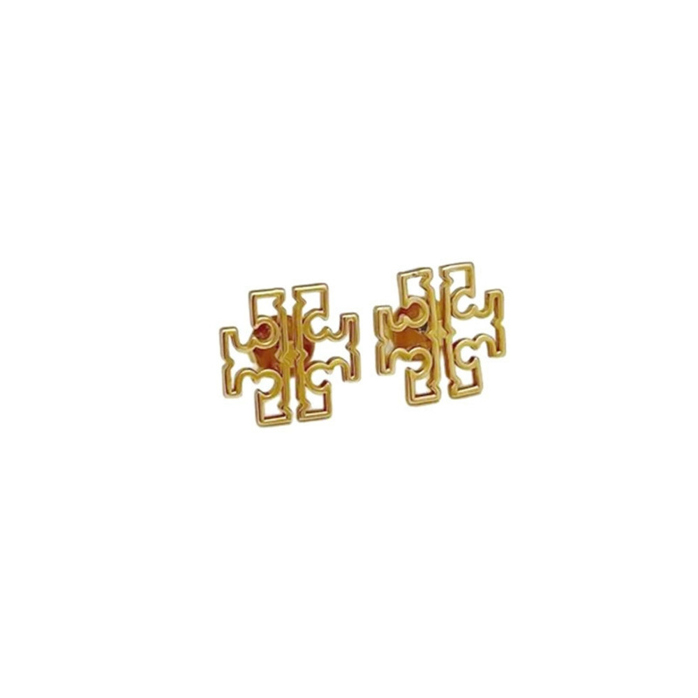 Tory Burch Double Hollow Out Gold Plated Logo Letter Stud Earrings